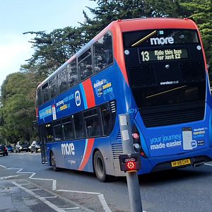 MoreBus 1673 ALX Enviro400MMC storms past me on a windy afternoon in Bournemouth